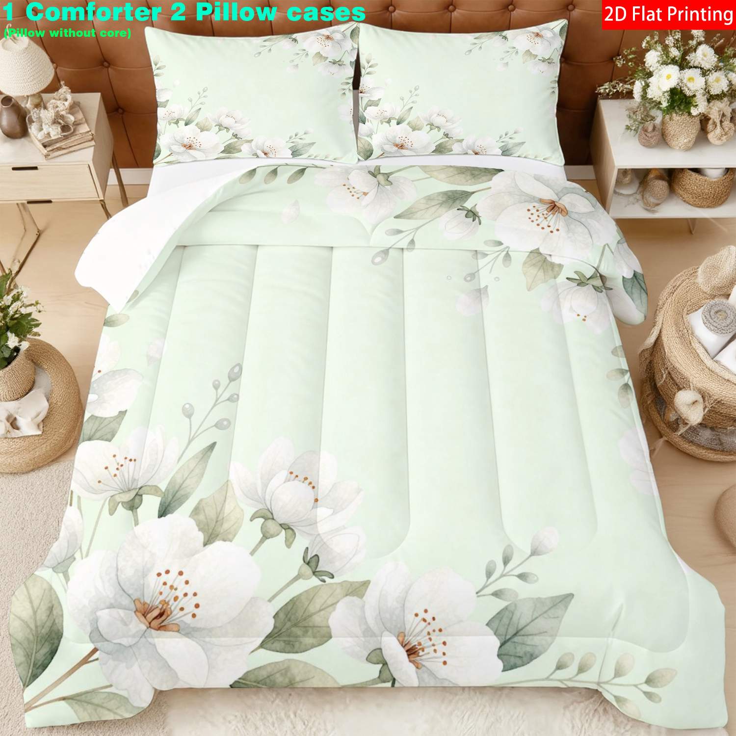 TEMU Set Of 3 Comforter Inserts Featuring A 2d Flat Print With A Watercolor . This Light Green Quilt Core Is Filled With Fiber And Designed With