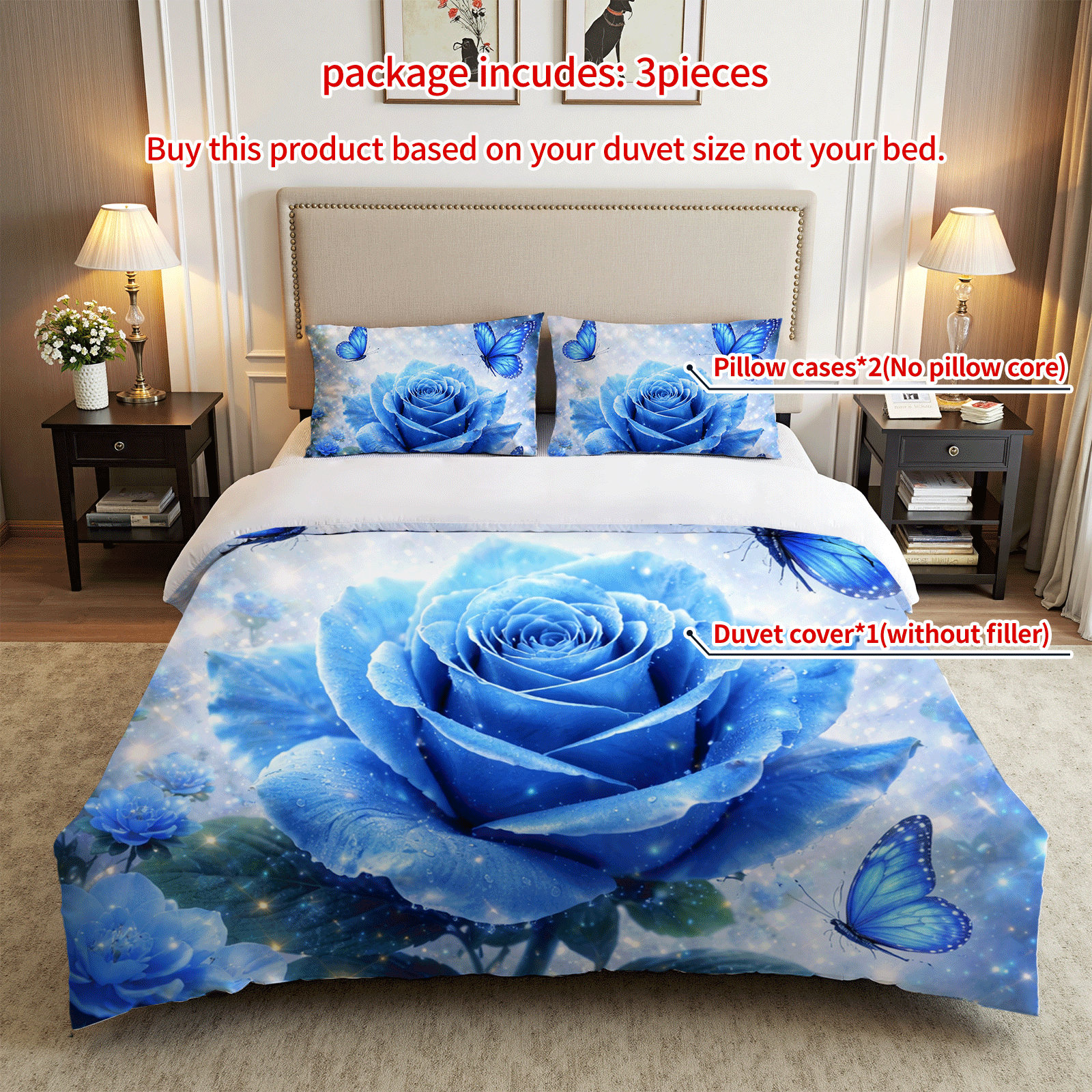 TEMU 3pcs Blue Rose Duvet Cover Set, Starry Sky Background Print, Nature Theme, Breathable Polyester, , Machine Washable, , No Insert For Bedding (1