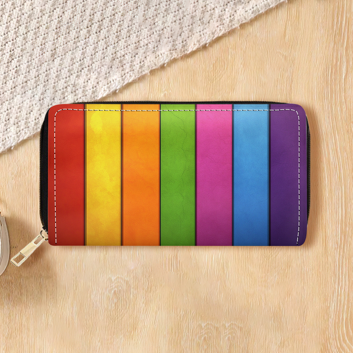 TEMU 1pc Wallet Multicolor Striped Background Theme Long Zipper Wallet, Unisex, Multifunctional Pu Material, With Card Slots, Card Holders And Coin