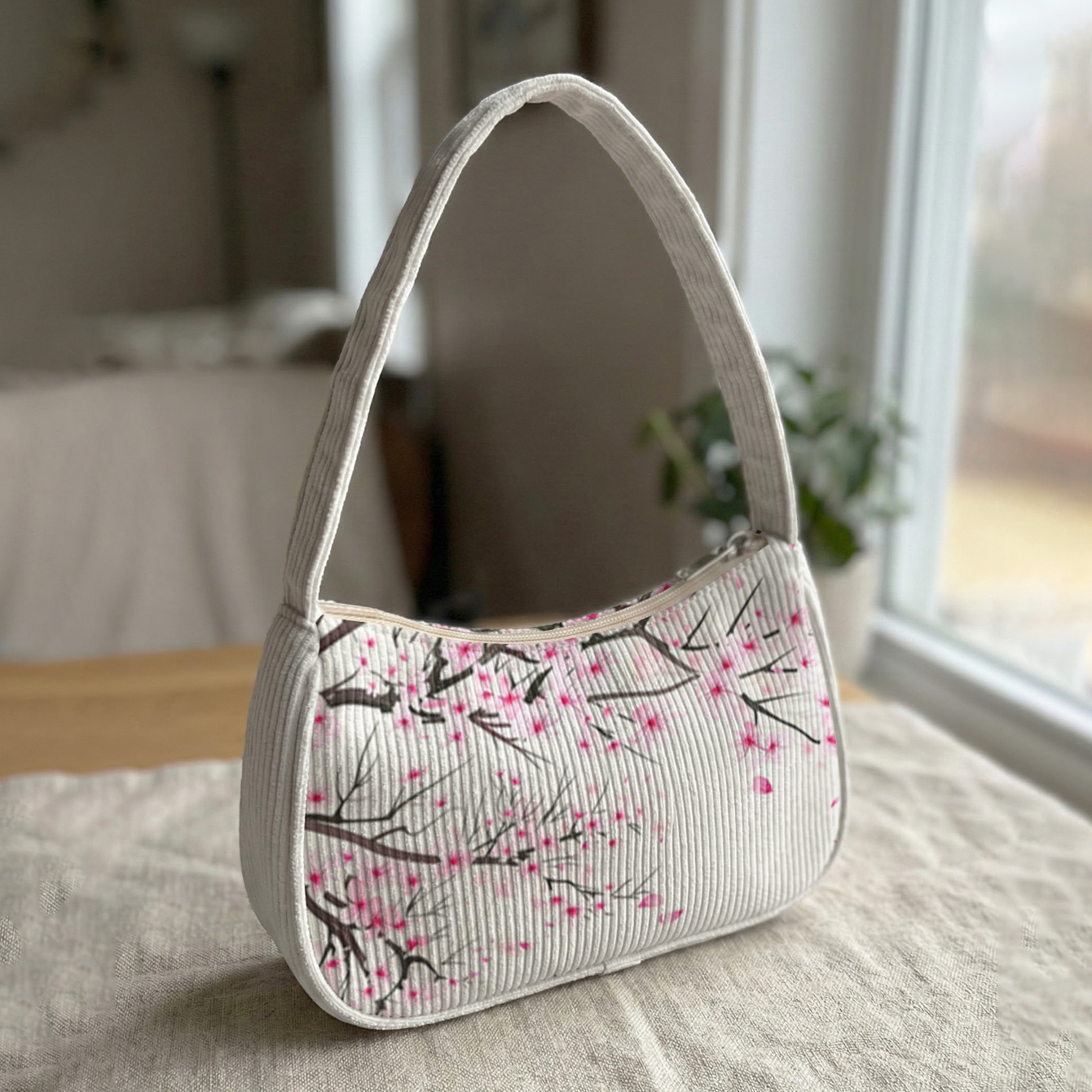 E-shop FP Special Schultertasche mit rosa Kirschblüten-Aufdruck, Cord-Unterarmtasche, Vintage-Stil | Vielseitig für tägliches