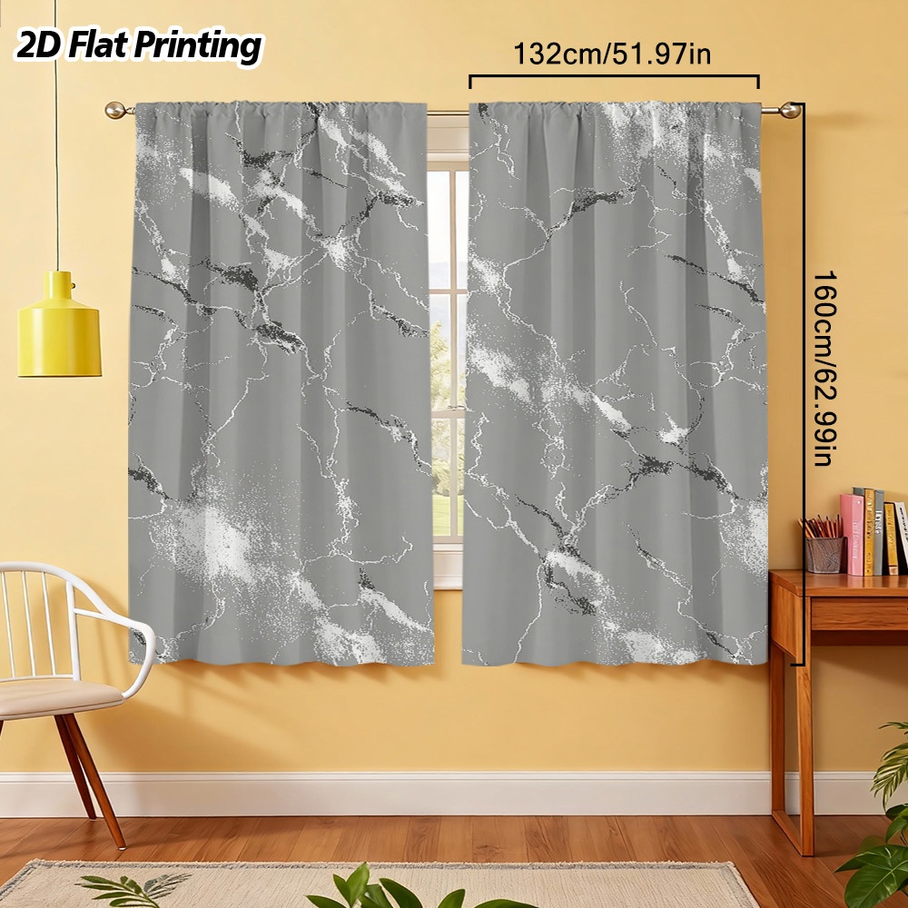 TEMU 2d Flat, 2pcs 2d Flat Gray Marble Veins Printed Curtain â Elegant Rod Pocket Window For Office, Bedroom, Kitchen, Living Room, Coffee Shop,