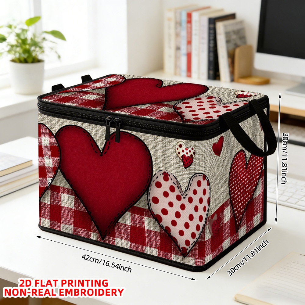 TEMU 1pc Of Valentine's Day Storage Basket Featuring A Red Hearts Design, Equipped With A Lid. Ideal For Organizing Clothing, Bedding, And Seasonal
