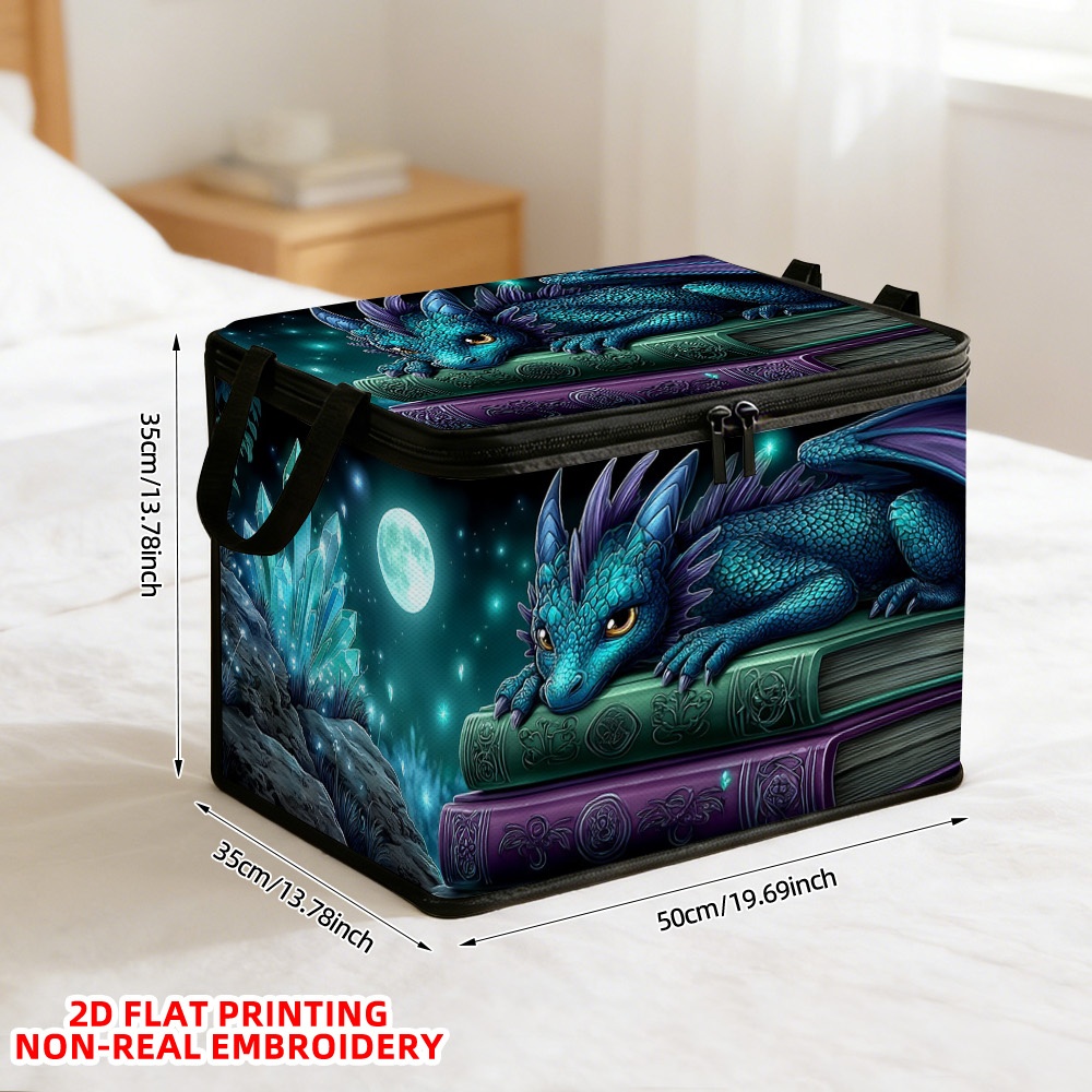 TEMU 1 pièce Grand panier de rangement rectangulaire avec imprimé dragon et couvercle rabattable - Organisateur d'étagère en tissu Oxford pour