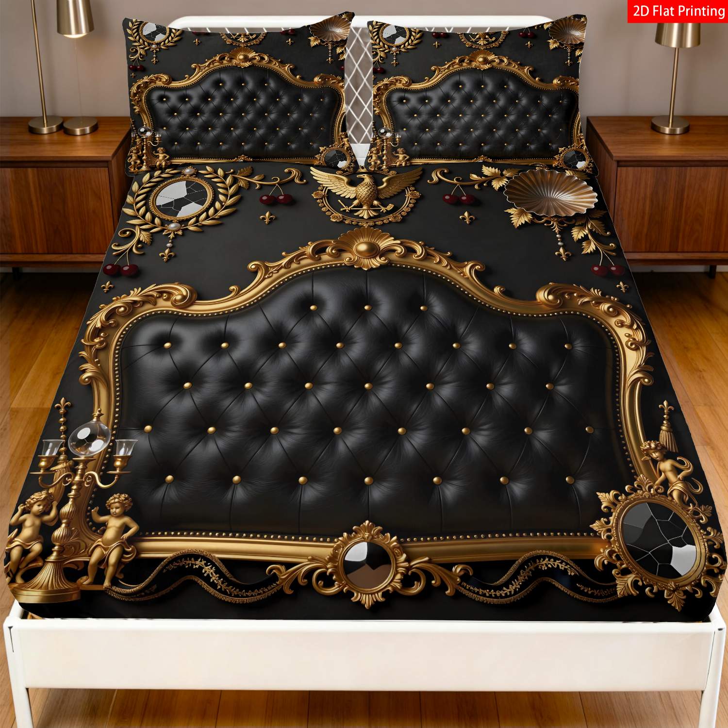 TEMU 2/3pcs 2d Flat Printing Fitted Sheet Baroque Luxury, & Black Theme Bedding, Vintage Ornate Pattern With Crown Eagle Motif, For Elegant Bedroom