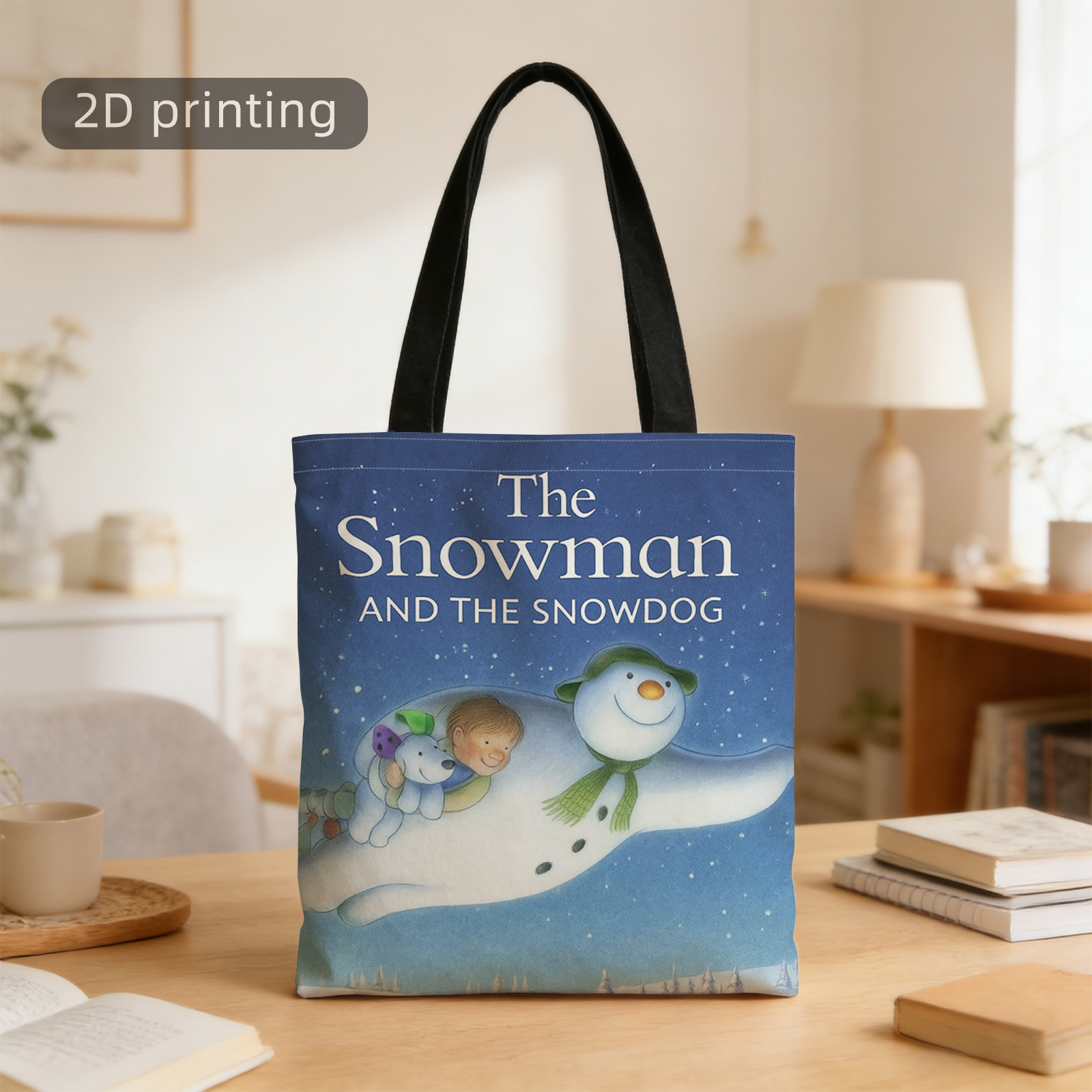 TEMU 1pc 2d Printed Tote Bag, , The , Winter, Flying, Snowman With Scarf, Reusable, Stylish Shoulder Bag, Tote Bag, Shopping Bag, Suitable For