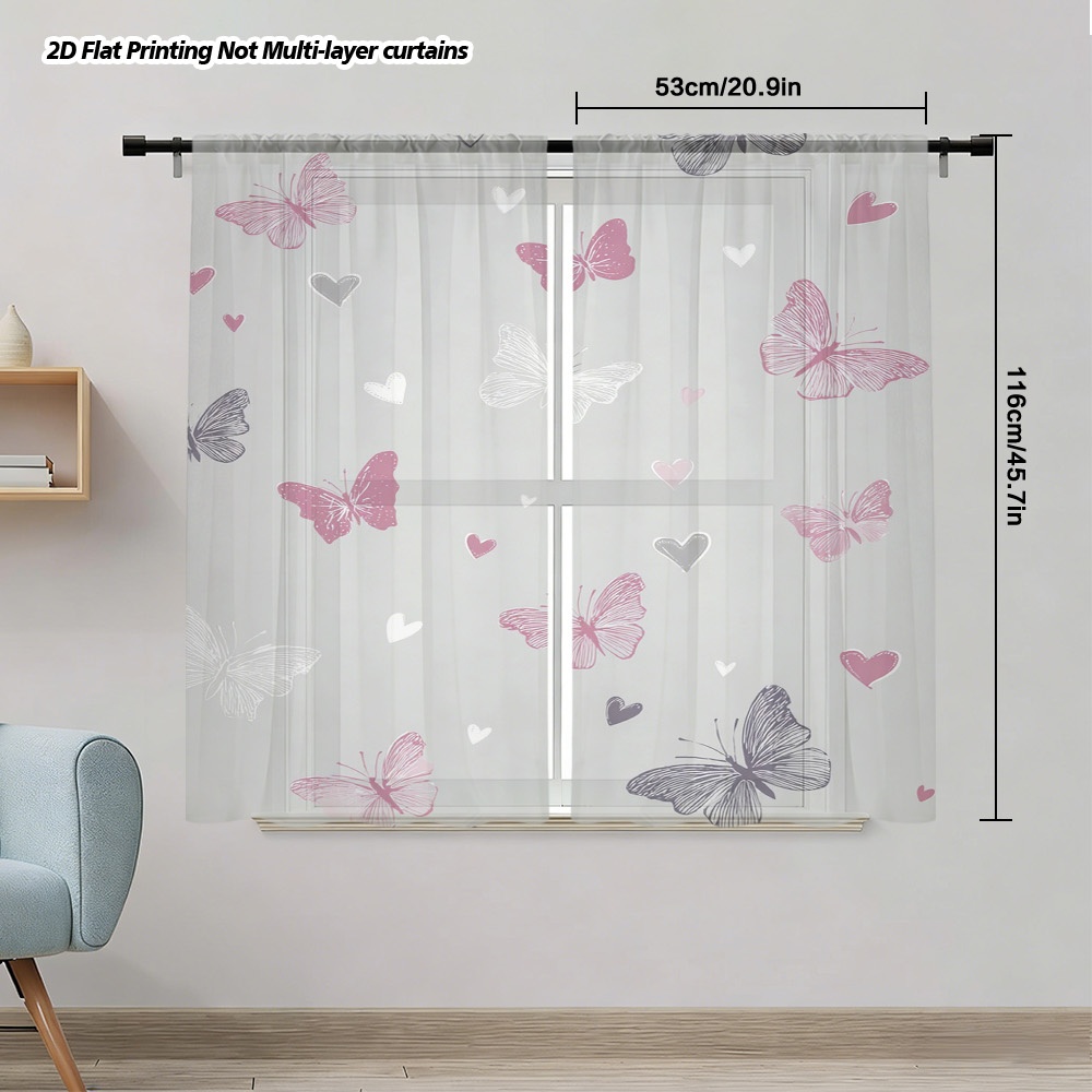 TEMU Plat 2D, 2 pièces Rideaux Voilages Imprimés Cœurs et Papillons Plat 2D, Voilages en Polyester pour Fenêtre de Salon et Décoration de Chambre,