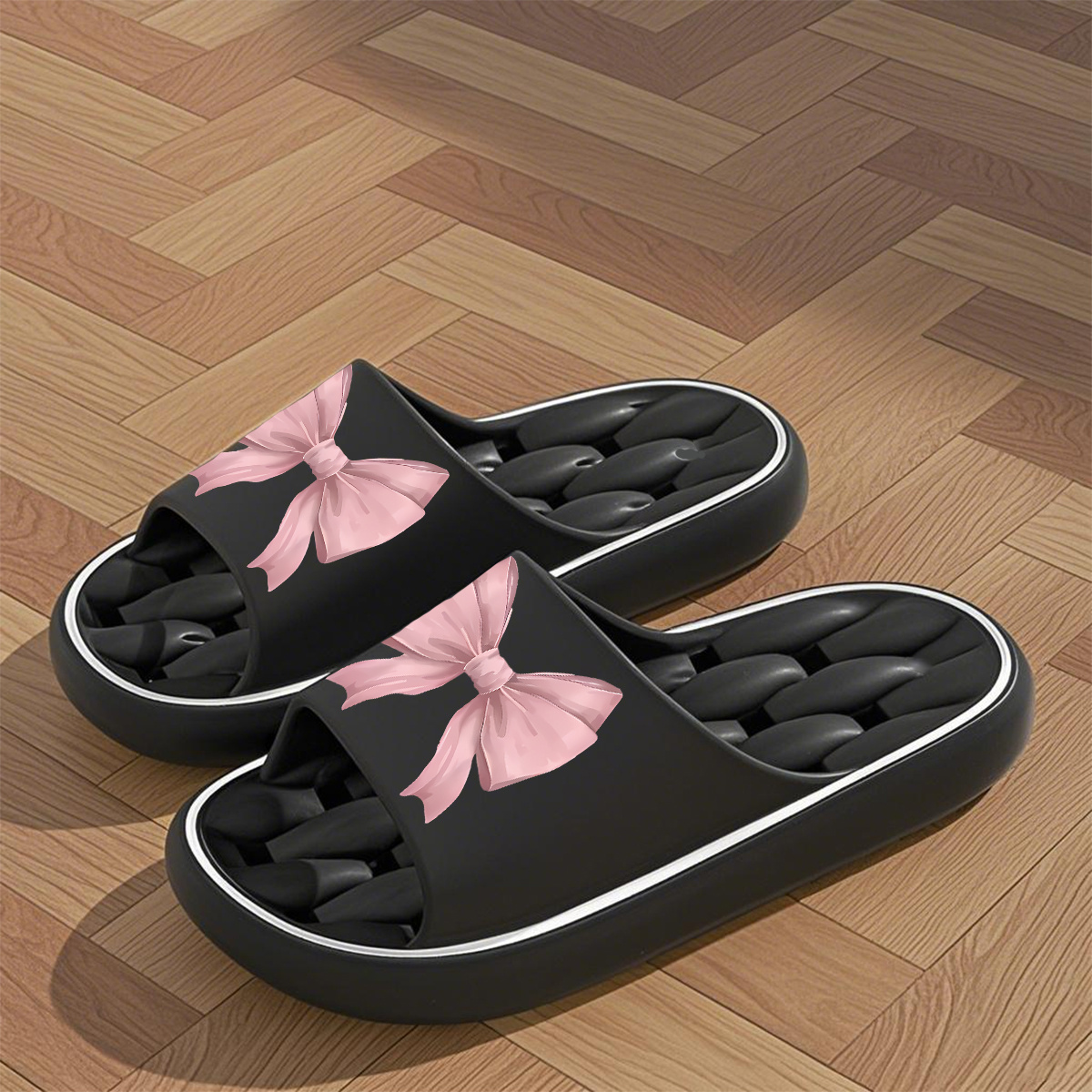 TEMU 1 Pair Women's & Unisex Eva Slippers Suitable For Indoor/outdoor, Pink Bow Pattern Slip- Open-toe House With Cushioned Sole, Lightweight Beach