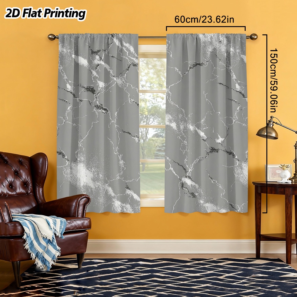 TEMU Plat 2D, 2 pièces Rideau plat 2D à imprimé veines de marbre – Élégante fenêtre à passe-tringle pour bureau, chambre, cuisine, salon, café, ,