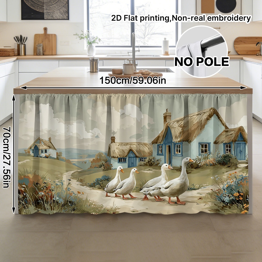 TEMU 2d Flat, Countryside Goose Print Semi-sheer Kitchen Curtain Panel - Rod Pocket Suitable For Sink Cabinet Door Cover, Design, Machine Washable
