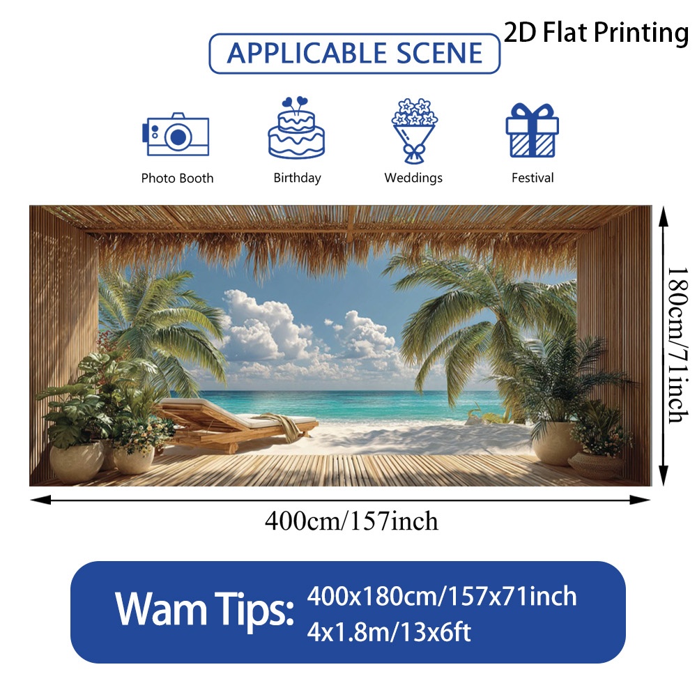 TEMU (2D Flach) . Sommer Tropischer Strand mit Palmen Garagentor-Banner, einfach zu installieren, Polyesterfaser, geeignet für Garten, Hinterhof,
