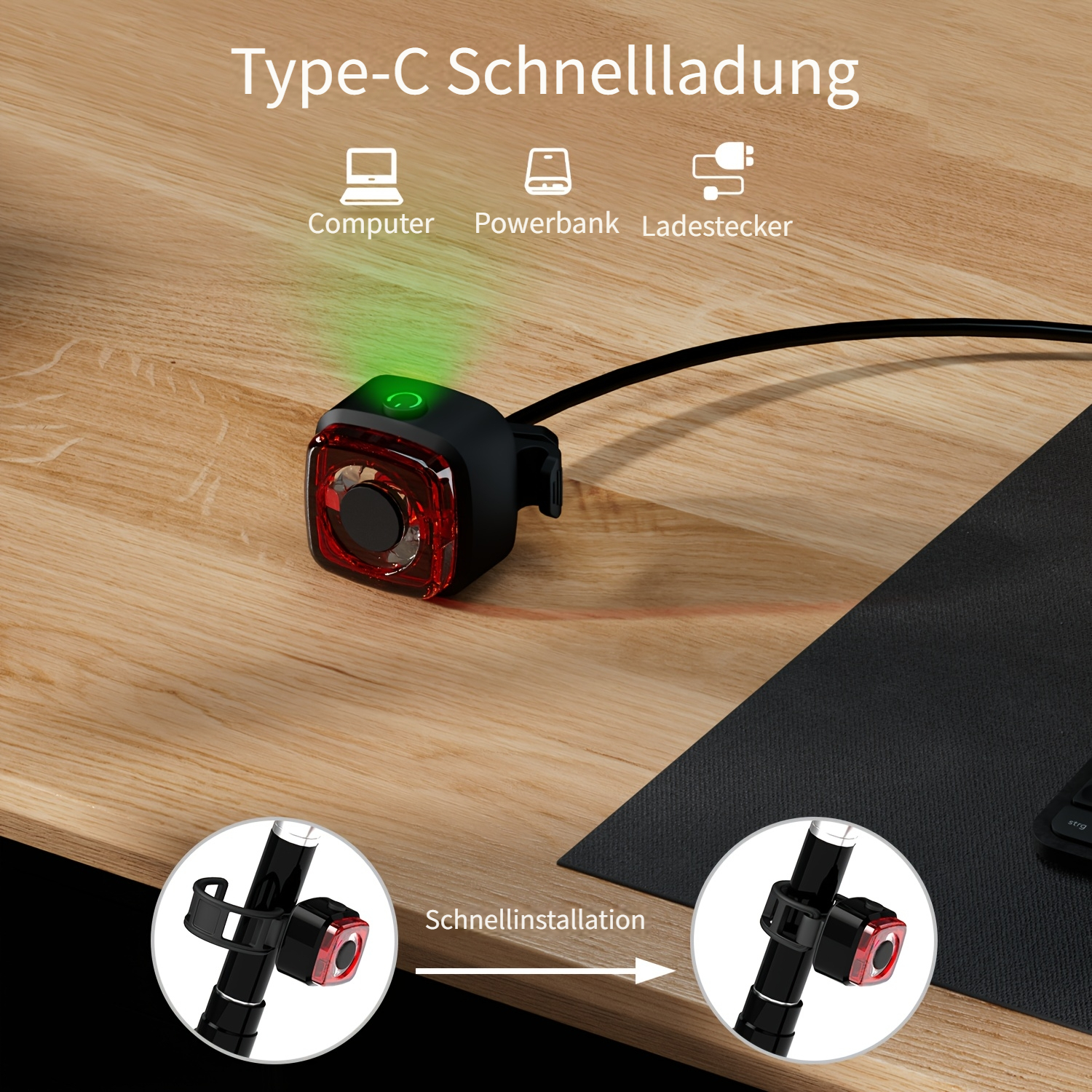 E-shop LED-Rücklicht für Fahrrad, Sichtbarkeit 200 m, -zertifiziert, USB-C wiederaufladbar & Batteriestatus, Fahrradrücklicht für Rennrad, E-Bike