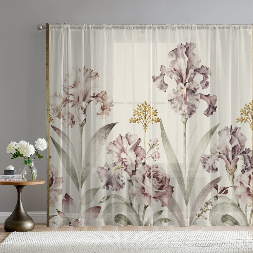 2pcs vintage watercolor   rose floral light     printed home decor sheer curtains simple artistic style flowing sheer curtains suitable for kitchen cafe dining room balcony garden bedroom