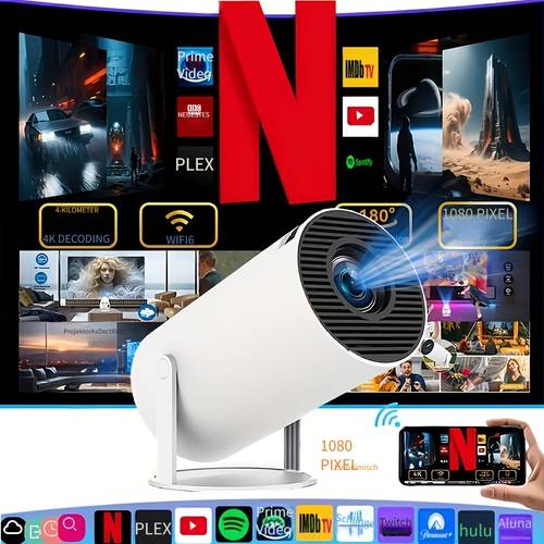 4k full hd smart projektor, kabelloser projektor mit wlan und kabelloser verbindung, unterstützt 1080p, 180-grad-rotation, eingebaute lautsprecher, für iphone/ /system, unterstützt netflix und