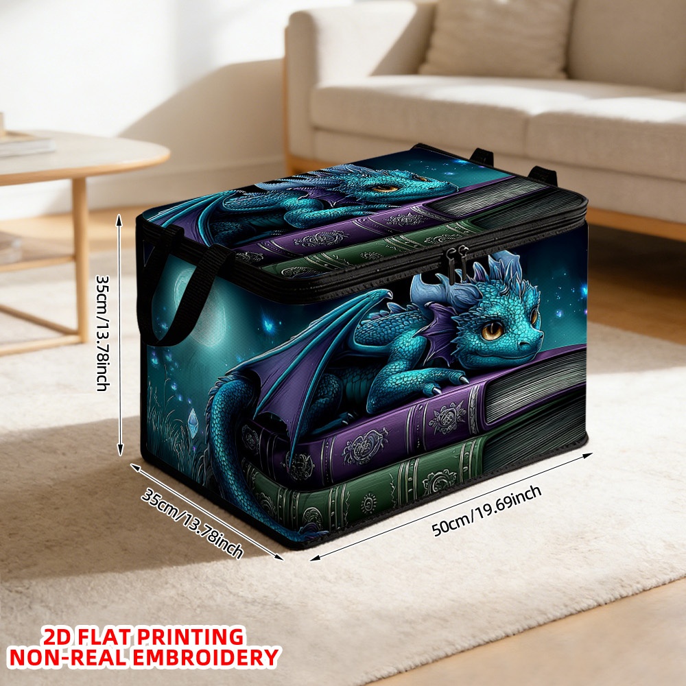 TEMU 2d Flat 1pc Fantasy Dragon And Books Print Laundry Basket, Shelf Baskets, Clothing Storage Basket | Design With Lid, Sturdy Polyester Fabric,