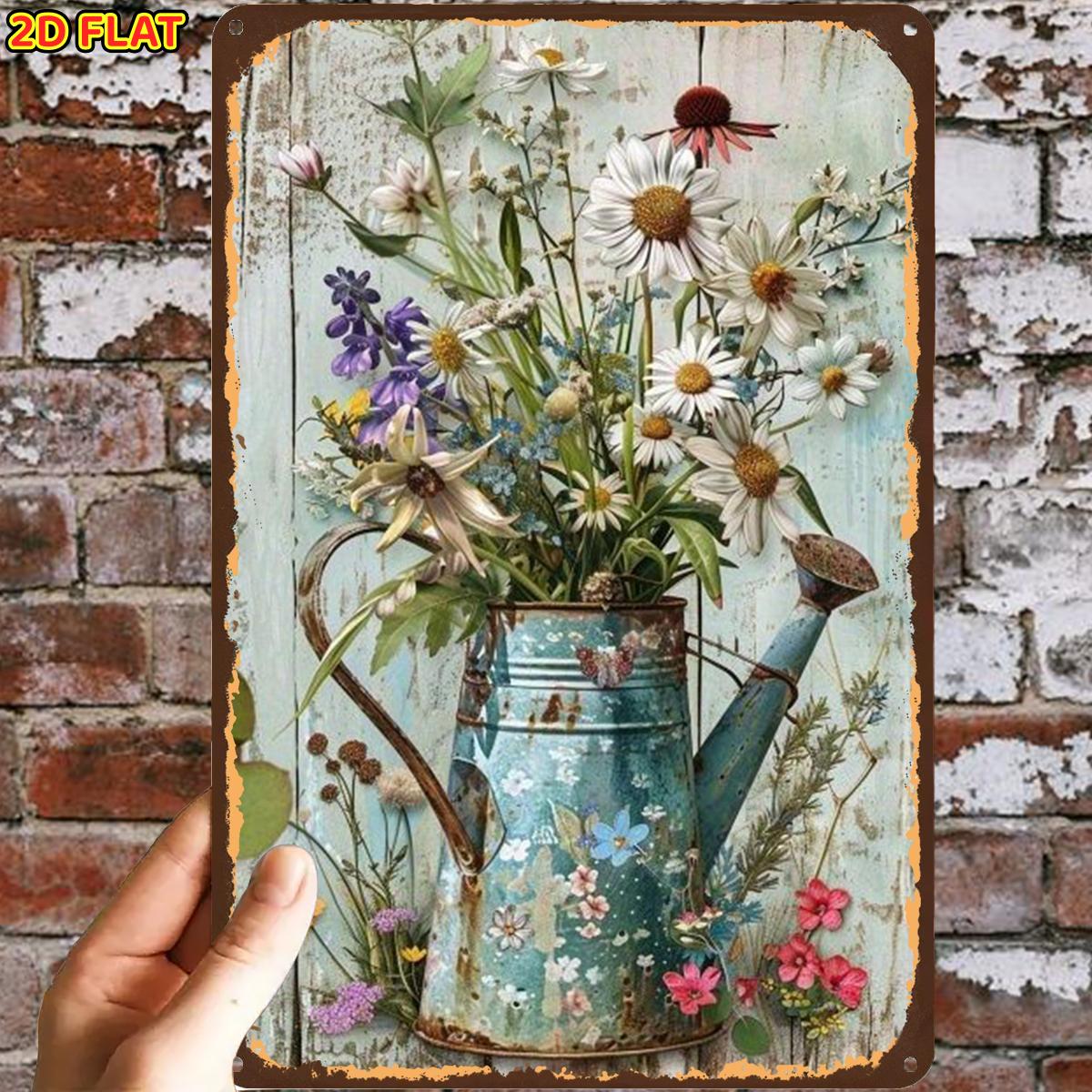 E-shop 2D Flach, ., Rustikale Gießkanne Blumenarrangement Metall Eisenschild, Vorgebohrte Löcher, Geeignet für Innen, Garten, Außenbereich, Zuhause,
