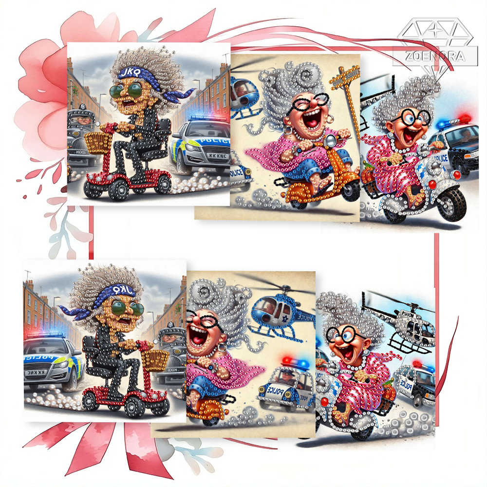 TEMU 6pcs Diy Diamond Painting Greeting Card Set - Cartoon Granny Being By Car Theme, Includes Crystal Sequin Decorations And 6 Envelopes, Printed On