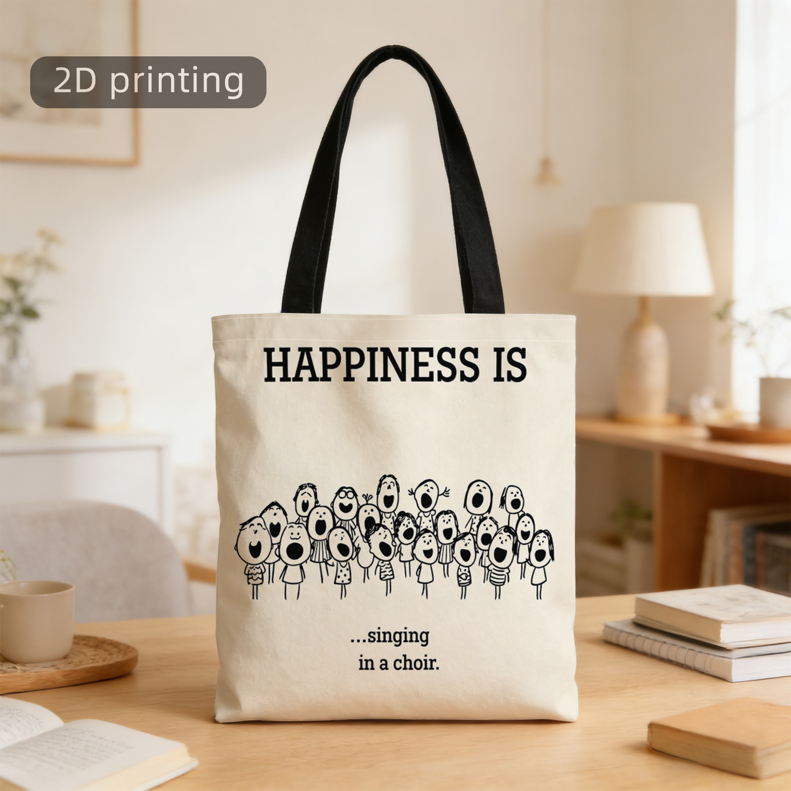TEMU 1pc 2d Printed Tote Bag, Themed With Happiness, Singing, , Crowd, Joy, Fashionable Shoulder Bag, Handbag, Shopping Bag, Suitable For Shopping,