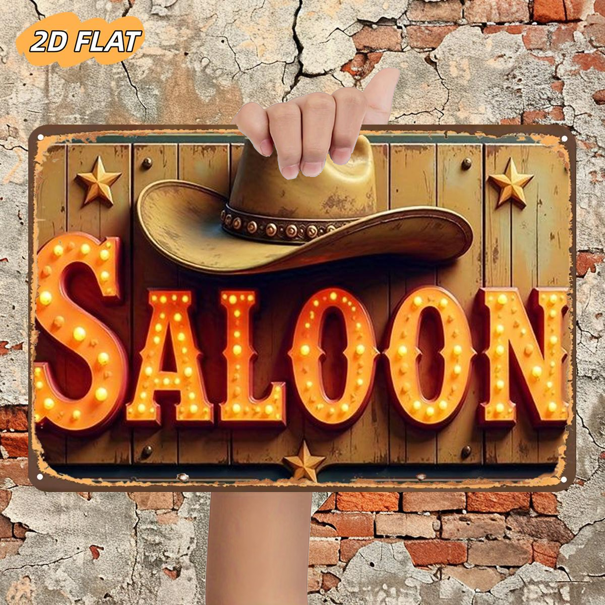 TEMU 2d Flat 1pc, "vintage Western Saloon Sign With Cowboy Hat And Marquee Lights", Metal Lron Sign, Size(8"x12"/20cm*30cm)decoratve