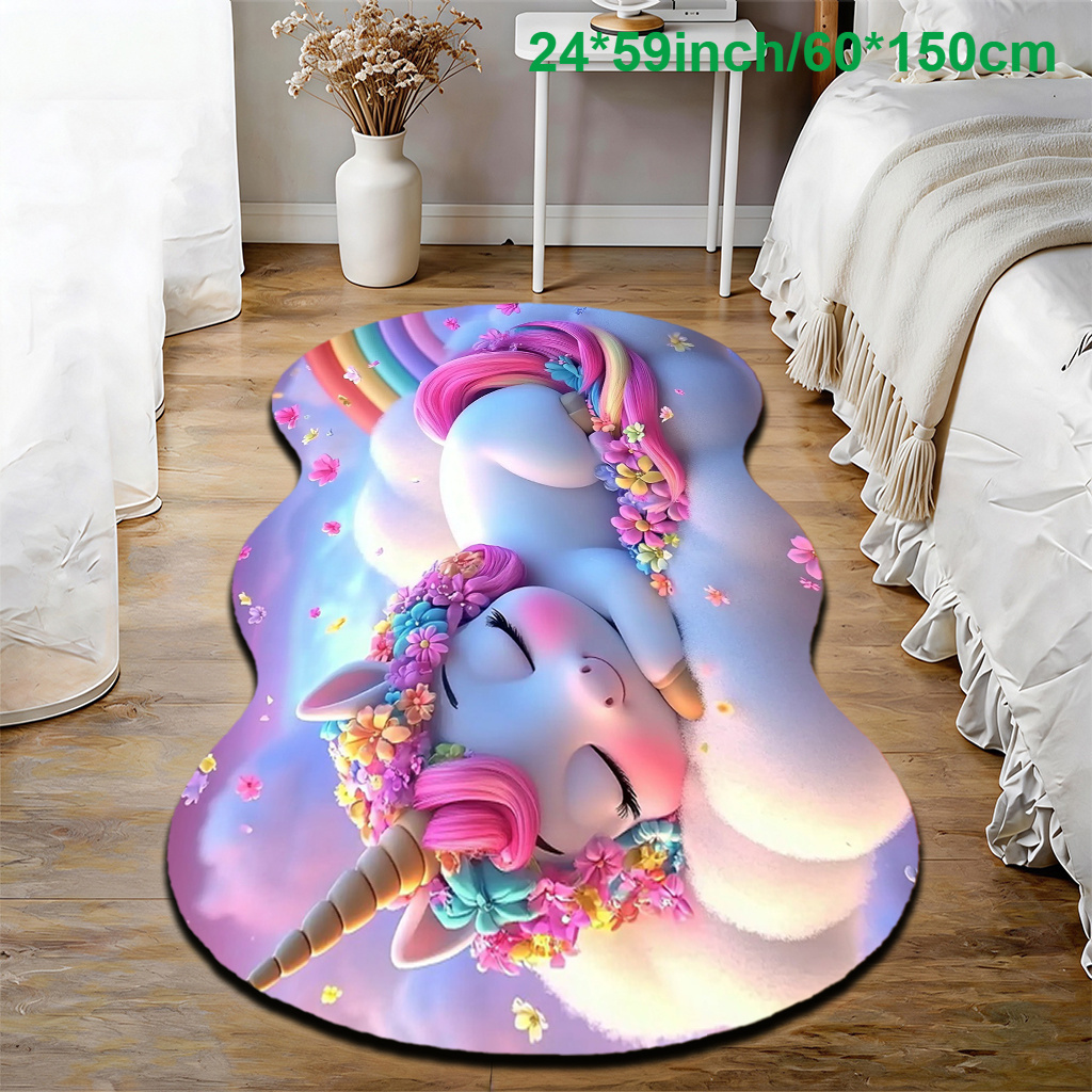 TEMU 1pc 2d Flat Printed Unicorn On Clouds Sweet Sleep Imitation Cashmere Irregularly Shaped Rug, Durable And Comfortable Carpet, Machine Washable,