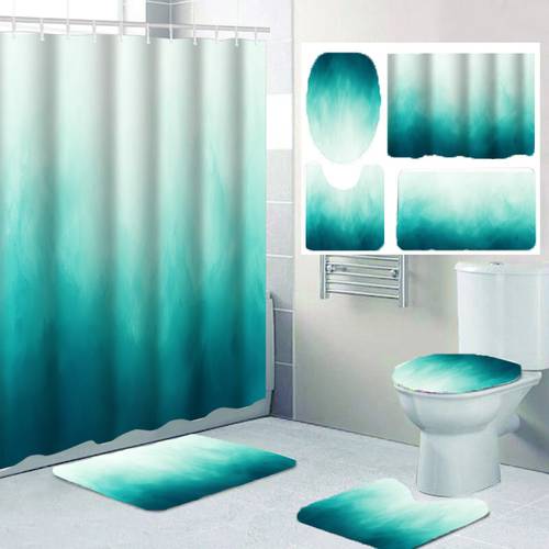 صورة العنصر طقم ستارة حمام مكون من 1/4 قطع بطباعة فنية بألوان مائية متدرجة باللون الأخضر المخضر مع خطافات بلاستيكية وديكور للمرحاض، لوازم حمام بتصميم فني، إكسسوارات حمام، هدية، ديكور منزلي، قابلة للغسل في الغسالة