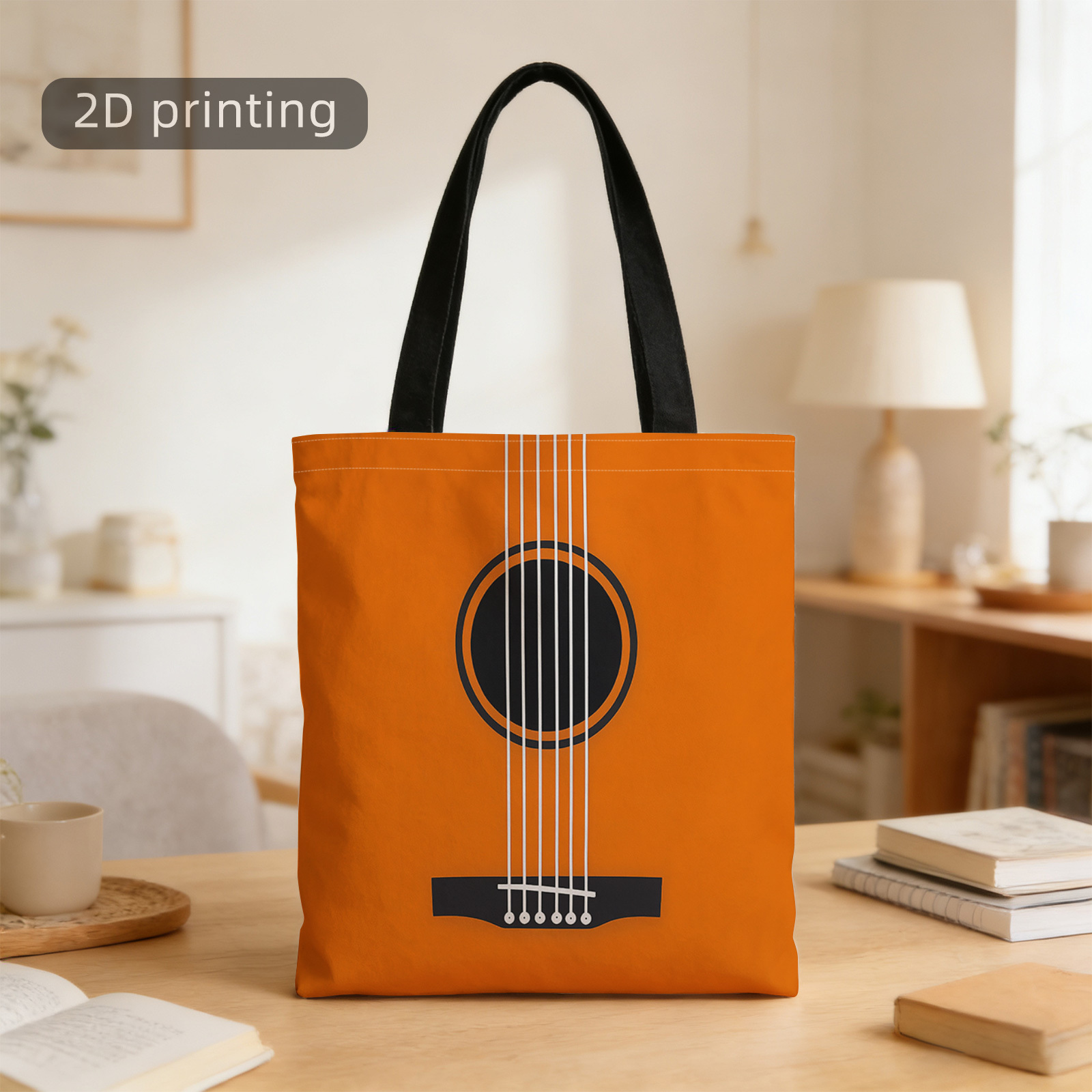 TEMU Borsa tote 1 pz con stampa 2D, chitarra , buco del suono , sei corde, tasti , corpo in legno, riutilizzabile, borsa a spalla elegante, borsa