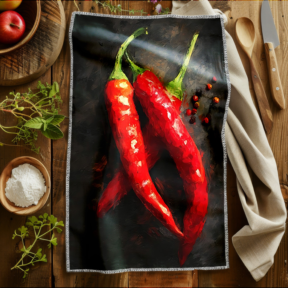 TEMU Kitchen Towels, Hand Towels, Dishcloths, Dish Scouring Pads 2pcs, 2 Peppers On A Black Background, Microfiber, Moisture-absorbent, Quick-drying,