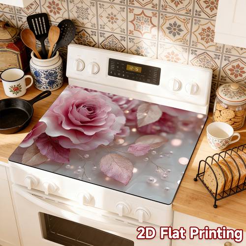 1pc 2d flat printing stove protection pad gas stove top protector cover and stove decorative rose and leaves suitable for electric ovens and glass stoves ideal for kitchen decoration oven pads and mouse pads anti scratch pads