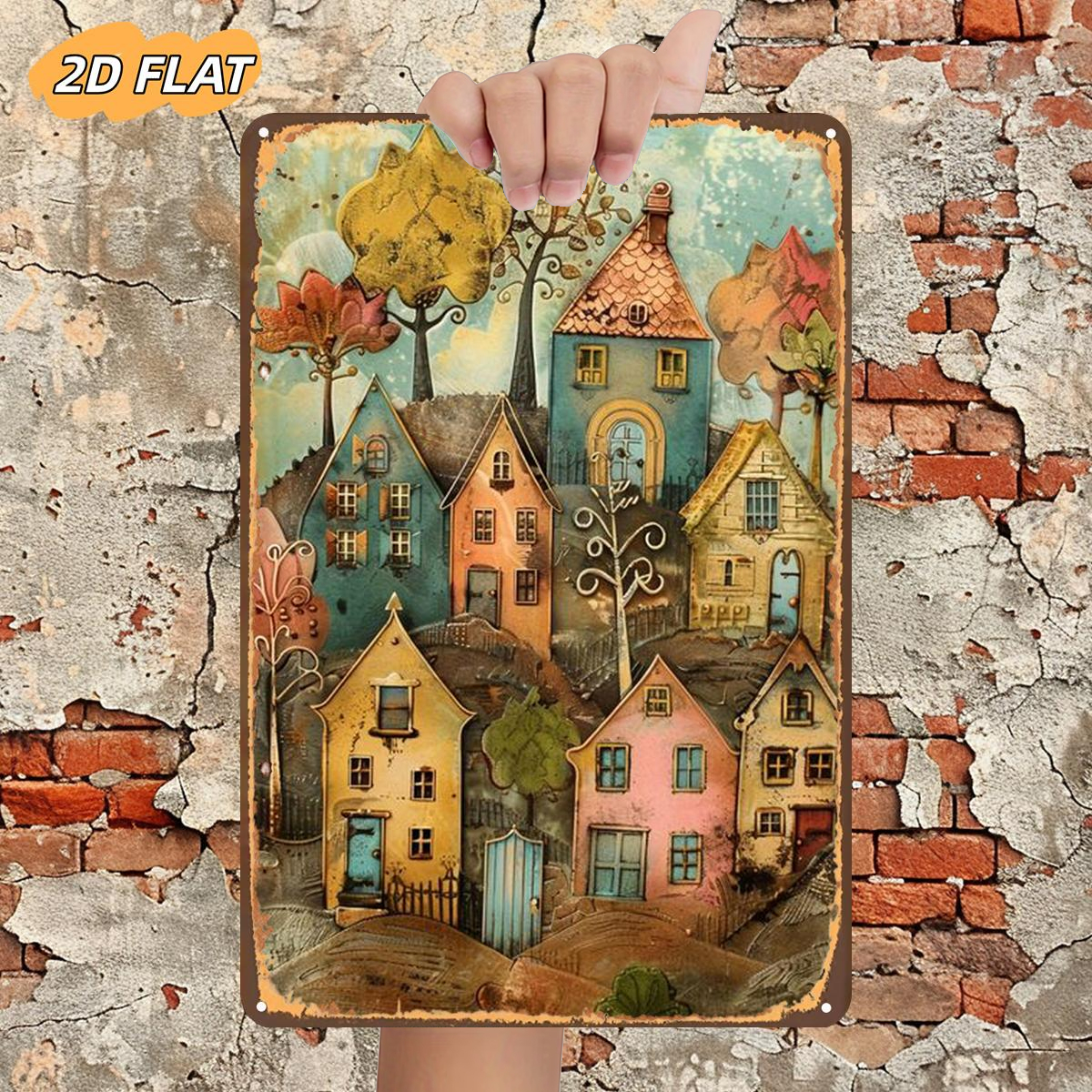 TEMU 2d Flat 1pc, Whimsical Village With Colorful Houses And Autumn Trees, Metal Lron Sign, Size(8