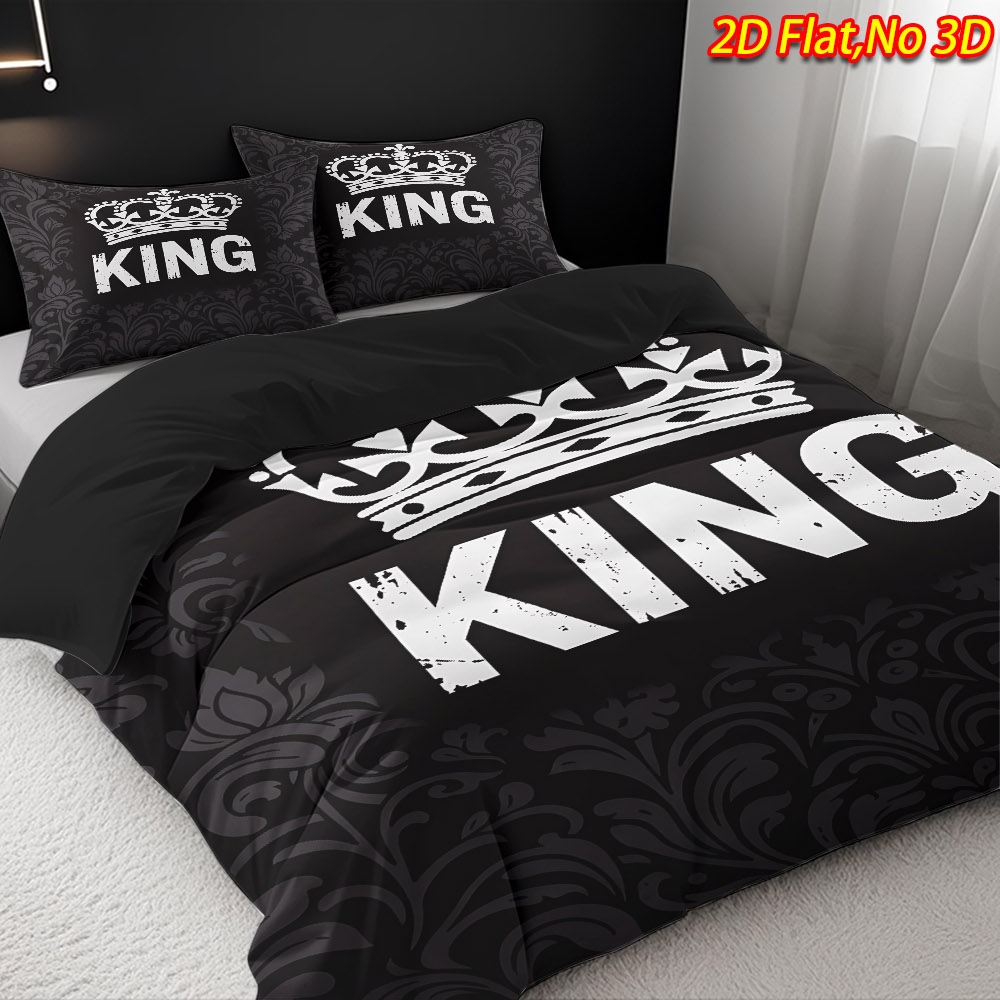 TEMU 2/3pcs 2d Flat Printed Spring And Summer New Arrival Crown And 'king' Themed Duvet Cover Set, High-definition Digital Printed Bedding (1 Duvet
