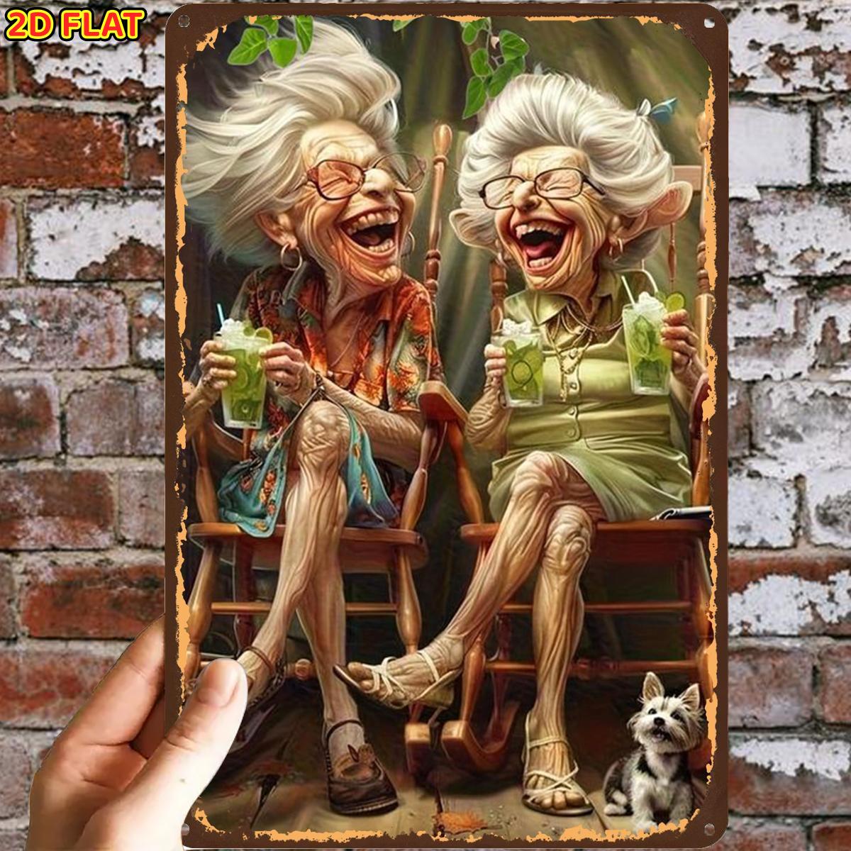 TEMU 2d Flat, 2d Flat,1pc,elderly Women Laughing With Drinksmetal Iron Sign, Pre-drilled Holes, Suitable For Indoor, Garden,outdoor, Home, Office,