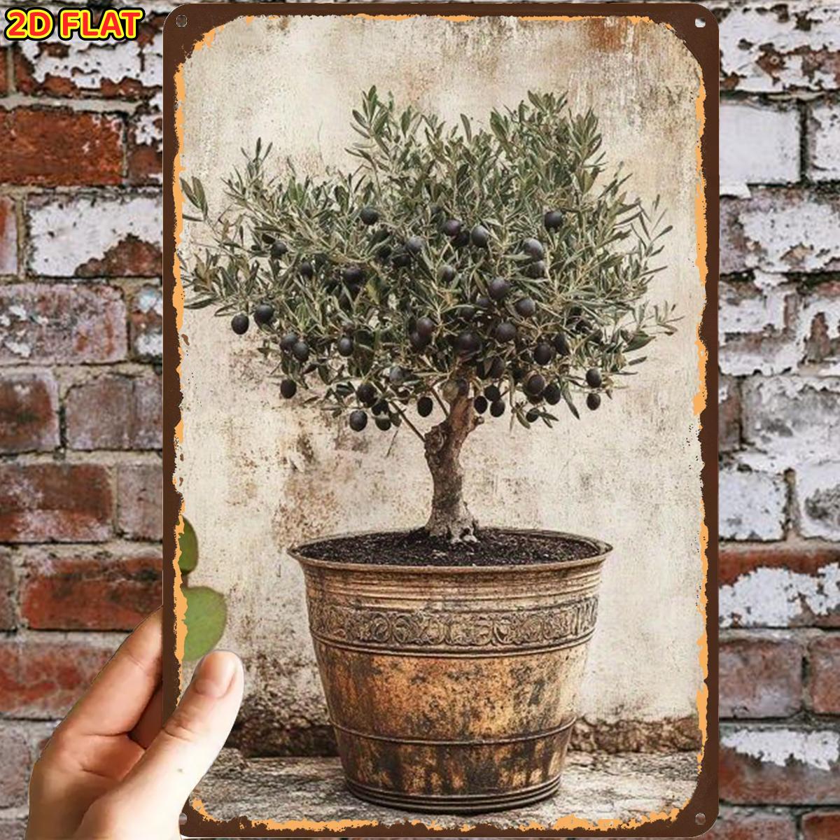 TEMU 2d Flat, 2d Flat,1pc,potted Olive Tree Bonsai Plantmetal Iron Sign, Pre-drilled Holes, Suitable For Indoor, Garden,outdoor, Home, Office, Toilet
