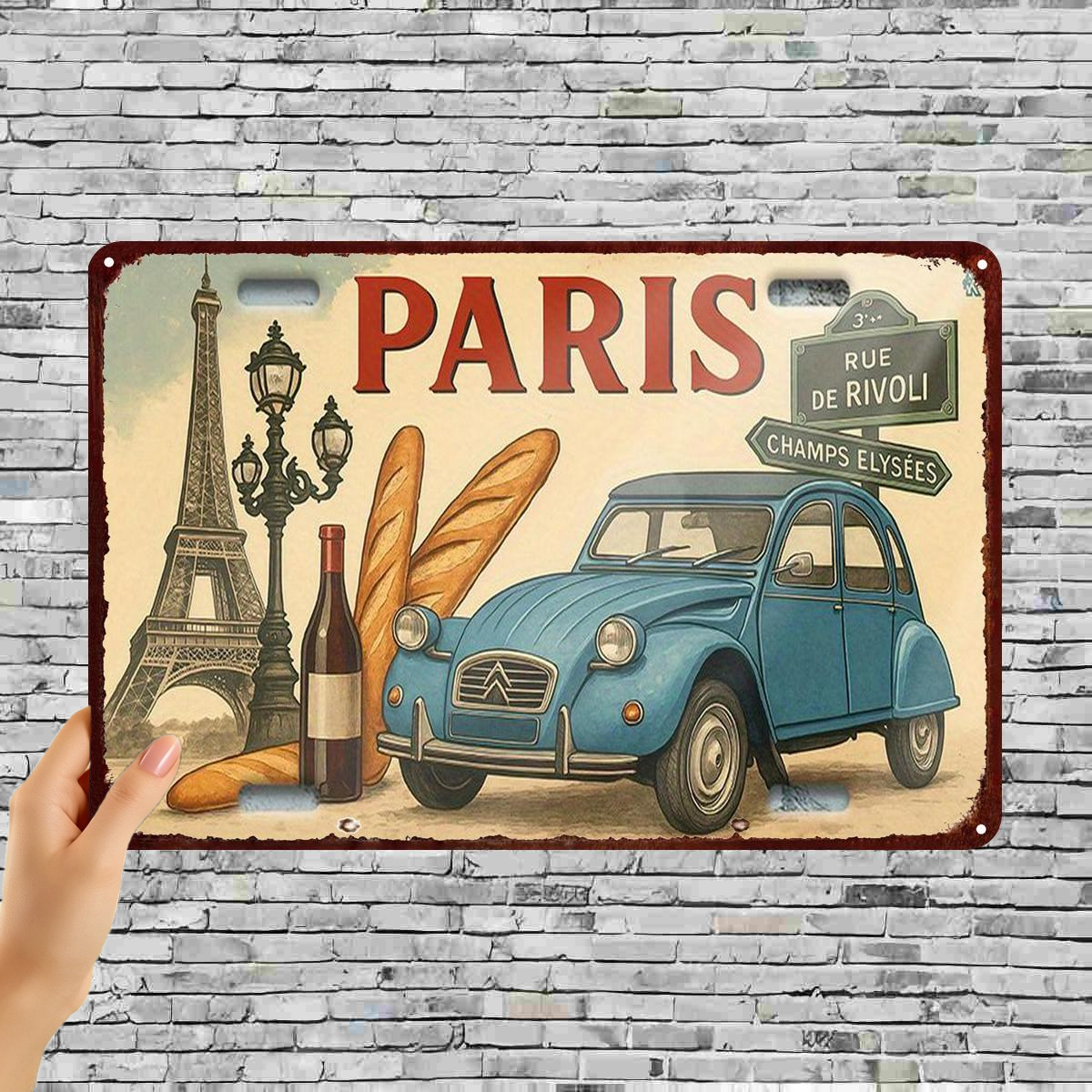 TEMU Plat 2D, 1 pièce, Plaque murale décorative plate 2D en métal style vintage Paris - , 2CV, Baguette et Vin, 20,32*30,48, Plat 2D