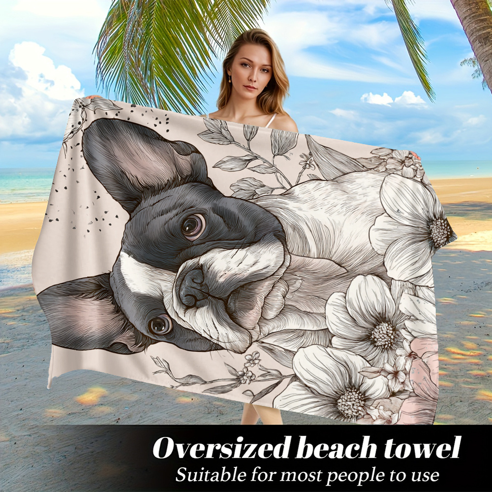 TEMU A Large Beach Towel Featuring A Hand-painted French Bulldog , Made From Material That Dries Quickly, Is Machine Washable, Durable