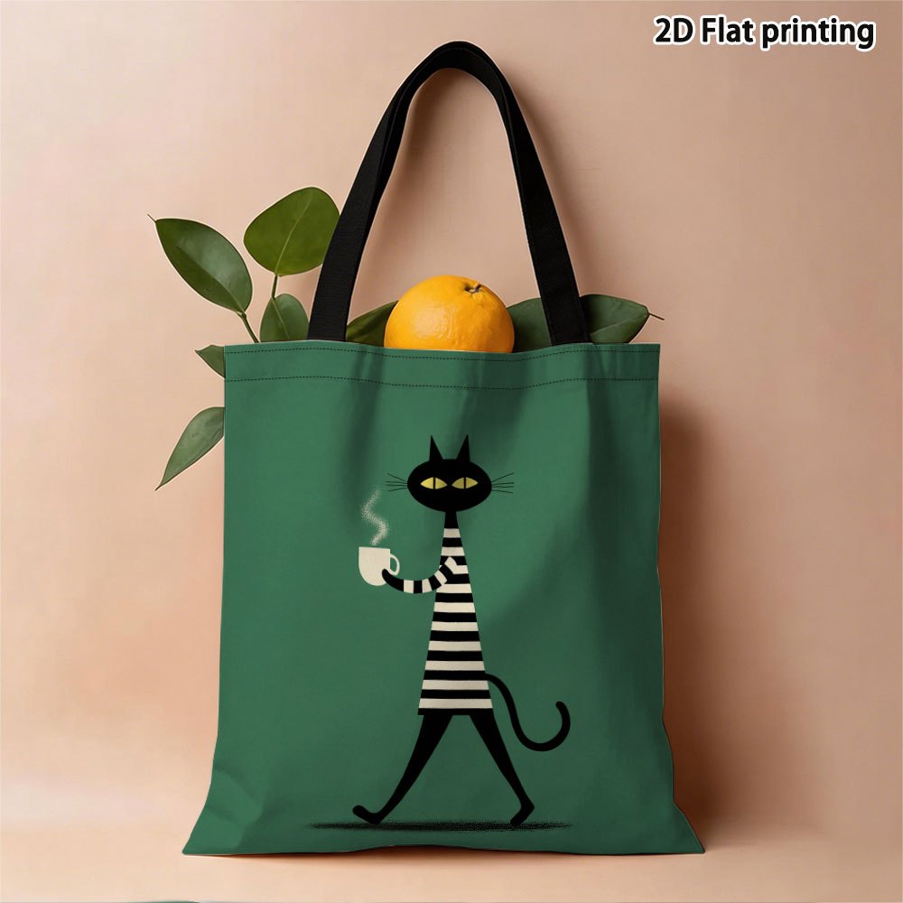 TEMU 1pc Double-sided Printing 2d Flat Print Shopping Tote Bag, Reusable Shopping Bag, Striped Dress Cat + Lightweight Foldable Shoulder Bag, Perfect