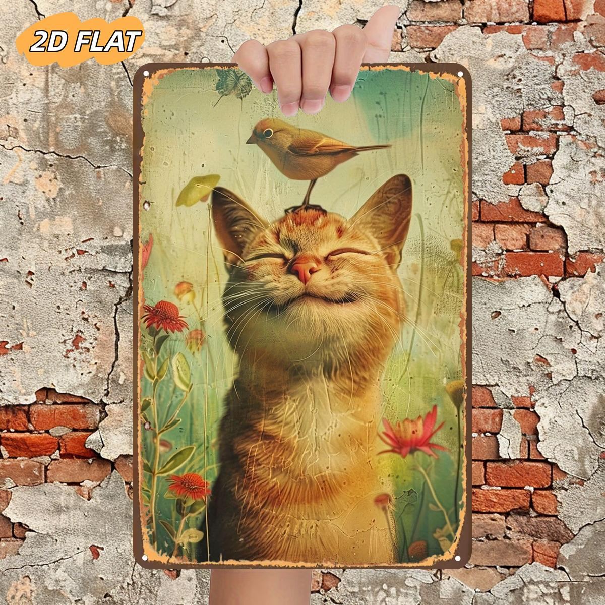 TEMU Plat 2D, 1 pièce, Un chat satisfait avec un oiseau perché sur sa tête au de , panneau en métal fer, taille (8"x12"/20cm*30cm) Peintures