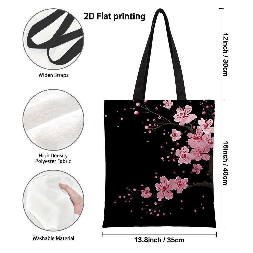 TEMU 1pc 2d Flat Sided Printed Reusable Grocery Bags, Fashionable Cherry Branch Design, Large Capacity, Durable Fabric With Sturdy Handles, Beach,