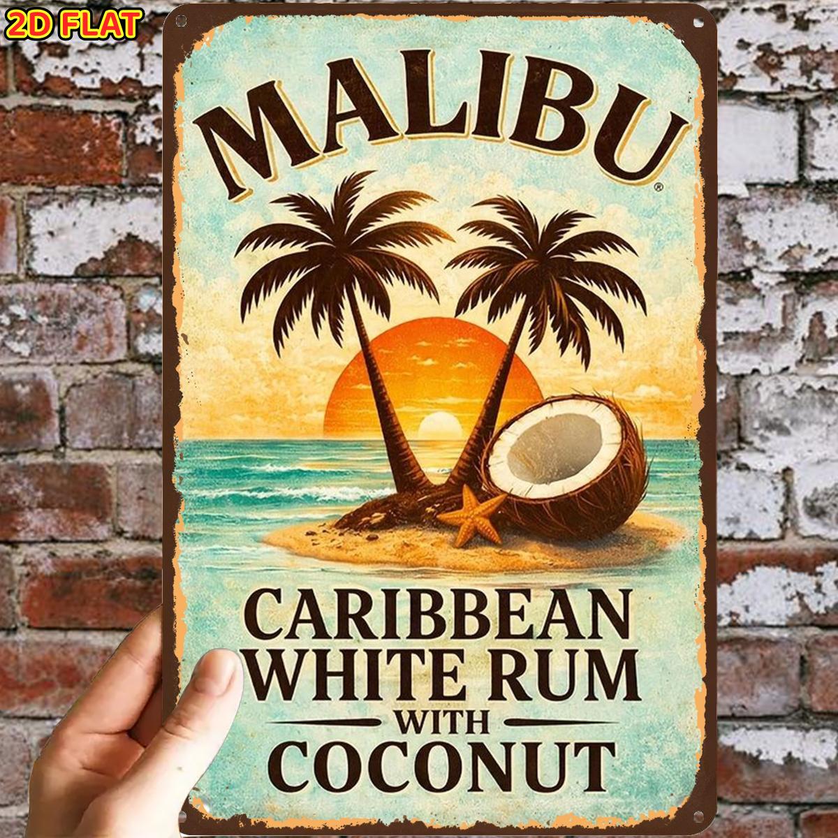 E-shop 2D Flach, ., Malibu Kokosrum Metall Schild, Vorgebohrte Löcher, Geeignet für Innen, Garten, Außenbereich, Zuhause, Büro, Toiletten Dekoration