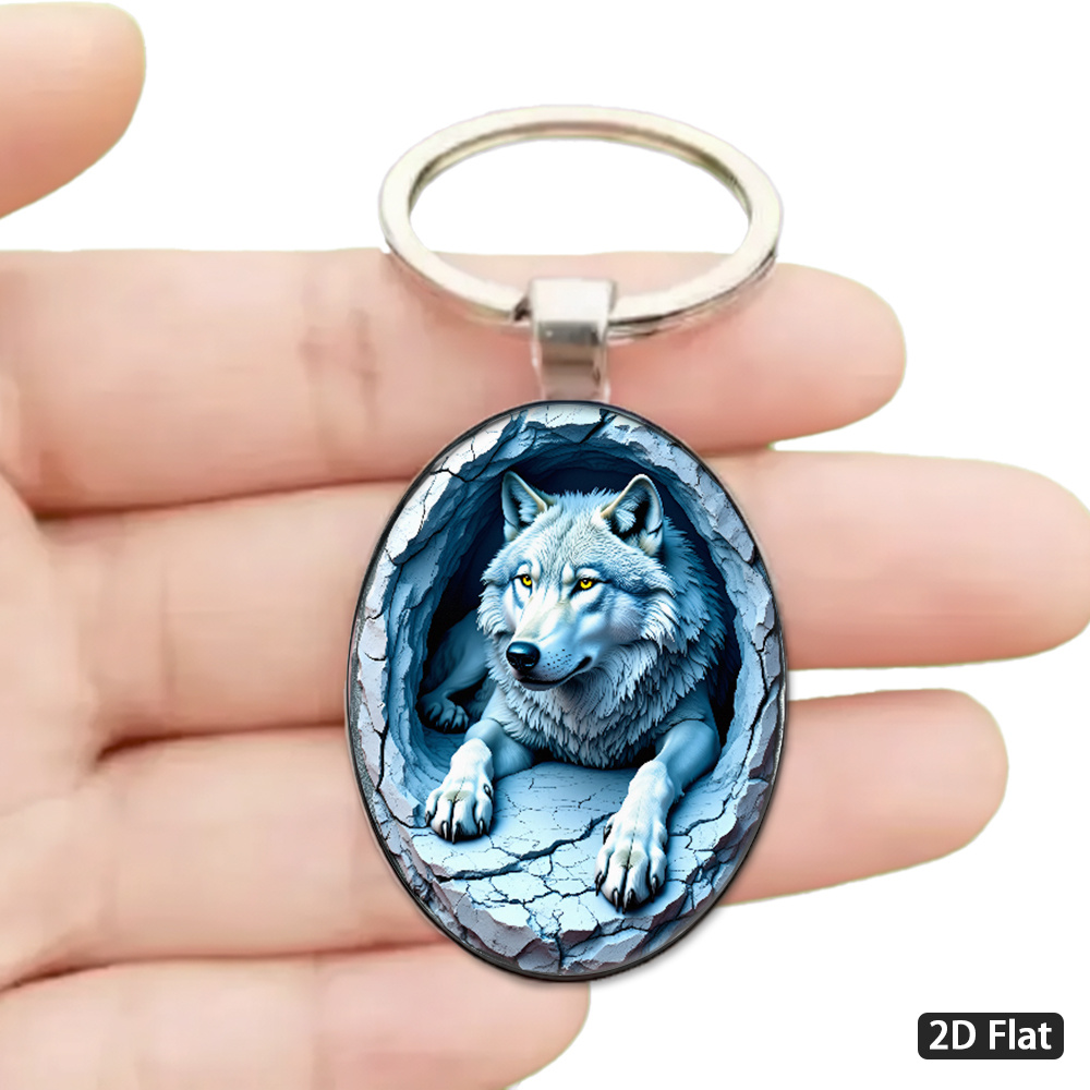 TEMU 2d Flat - 1pc 2d Flat, Semi-realistic "snow Wolf Cave" Themed Keychain, Exquisite And Elegant Wolf , Suitable For Car Keys, Backpacks And Daily