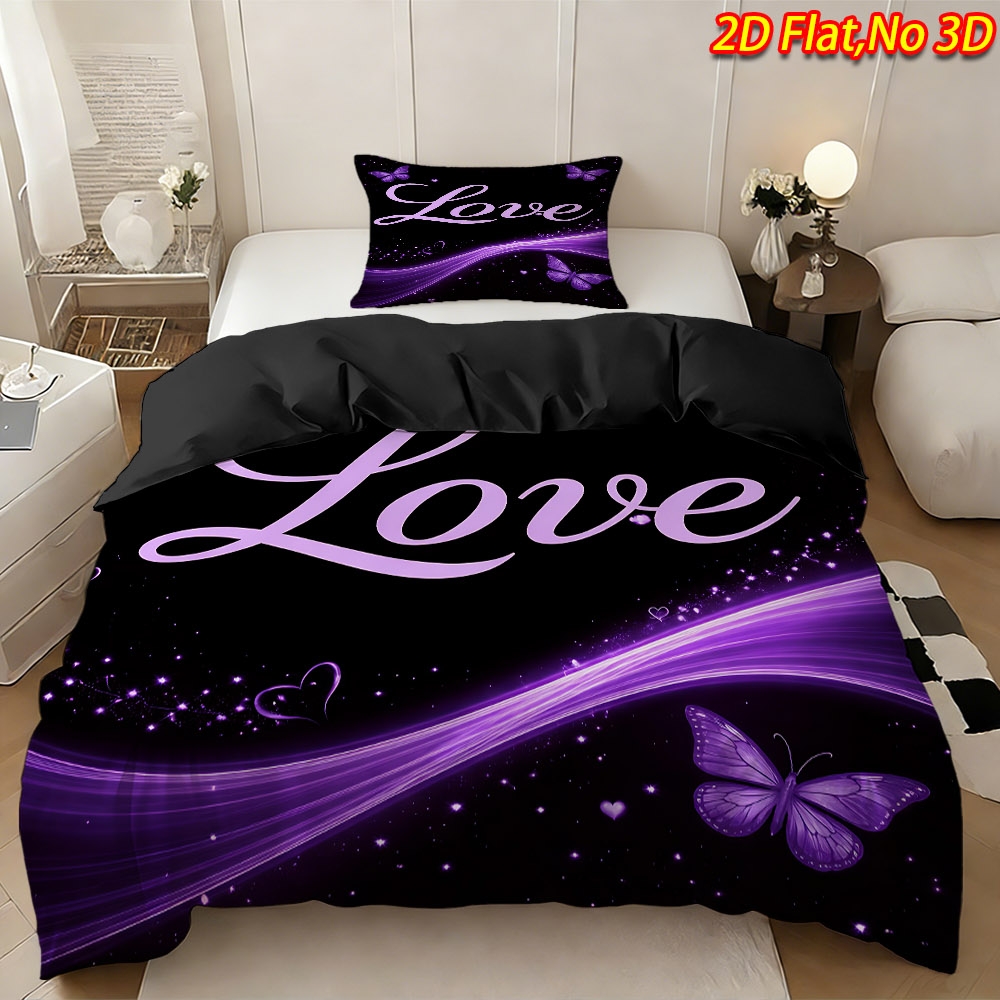 TEMU 2/3pcs 2d Flat Printing New Arrival Purple Heart & Themed Duvet Cover Set, High-definition Bedding (1 Duvet Cover   1/2 Pillowcases), No Filler,