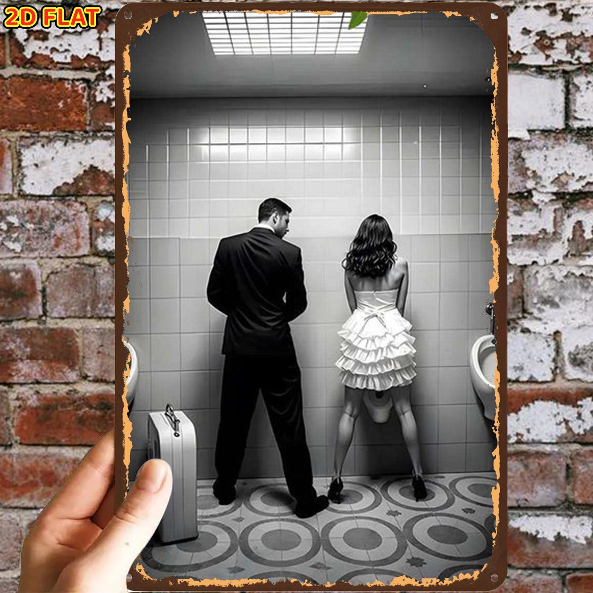 TEMU 2d Flat, 1pc, Elegant Couple In Restroom Scene Metal Iron Sign, Pre-drilled Holes, Suitable For Indoor, Garden, Outdoor, Home, Office, Toilet