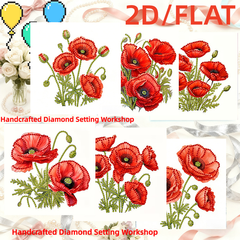TEMU 6 Diamond Painting Wenskaarten, Glinsterende Decoratie, 2D Rode met 6 Enveloppen, Geschikt voor Alle Feestdagen en Verjaardagsfeestjes, voor