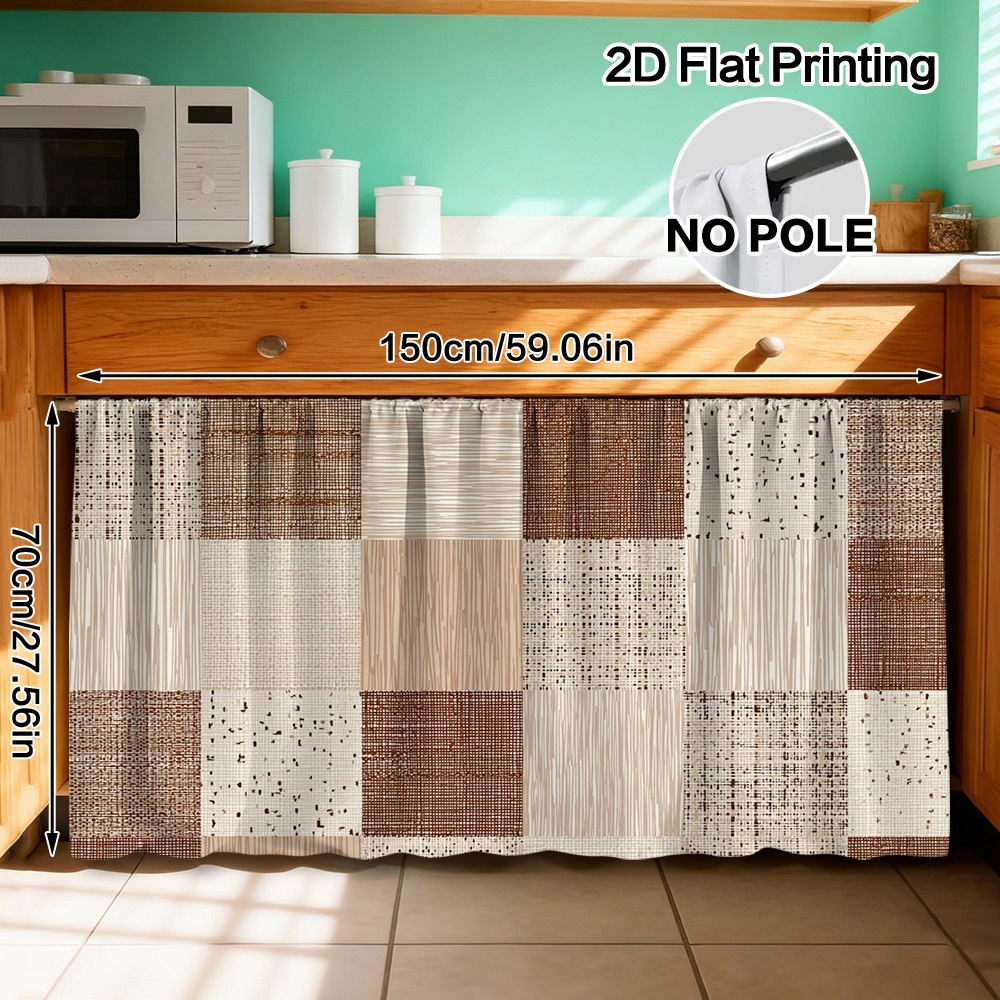 TEMU 2d Flat, 1pc Modern Semi-sheer Kitchen Cabinet Curtain Panel - Brown & Beige Grid Window Covering Suitable For Under Counter Decor, Rod Pocket