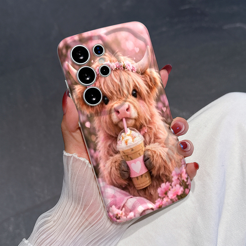 TEMU Phone Case - 1pc, Shock-resistant Phone Case With A Curved Featuring An Adorable Highland Cow With A Floral Crown, Holding A Pink Coffee Cup.