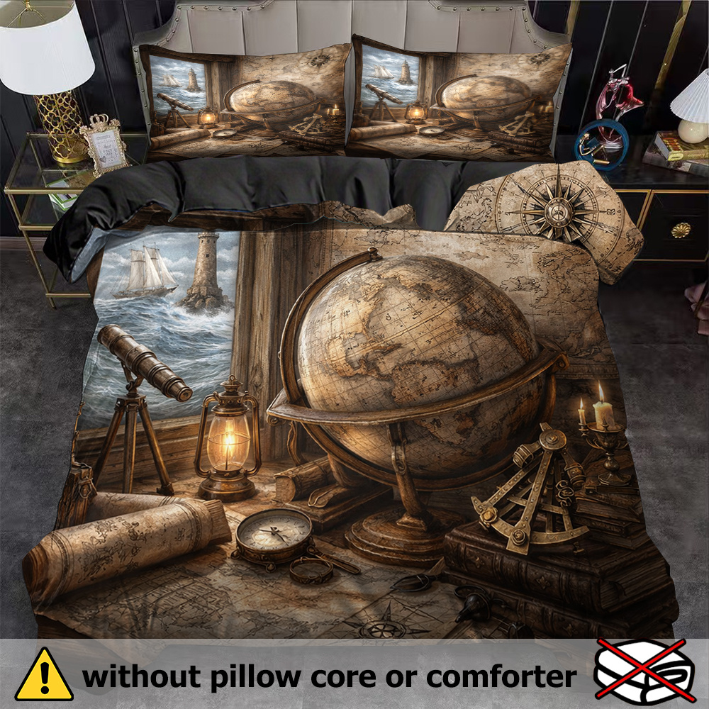 TEMU Set Of 3 Nautical Explorer Duvet Covers Featuring A Vintage , Perfect For . Made From Breathable Polyester, Suitable For , Machine Washable
