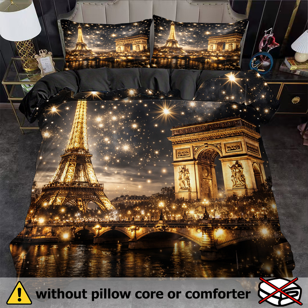 TEMU 3pcs Paris Landmarks Duvet Cover Set, Starry Sparkle Print, Cityscape Theme, Breathable Polyester, , Machine Washable, , No Insert For Bedding