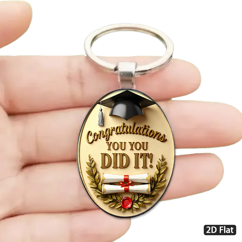 TEMU 2d Flat - 1pc 2d Flat, Retro Style "graduation Congratulations" Themed Keychain, Black Graduation And Golden Scroll Pattern, With