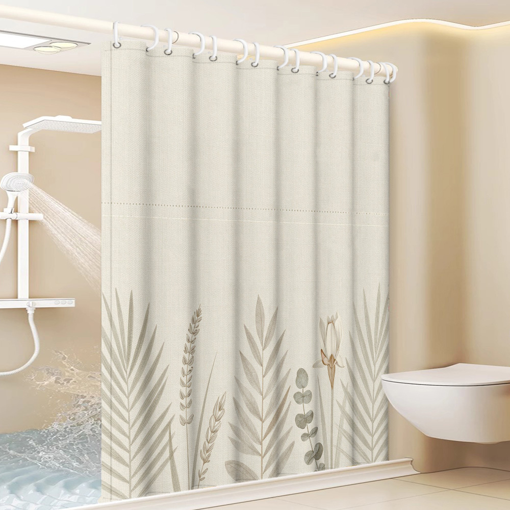 TEMU 1pc Minimalist Plant Decorative Printed Shower Curtain Bathroom Home Decor Shower Curtains With Plastic Hooks Included For Home And Hotel