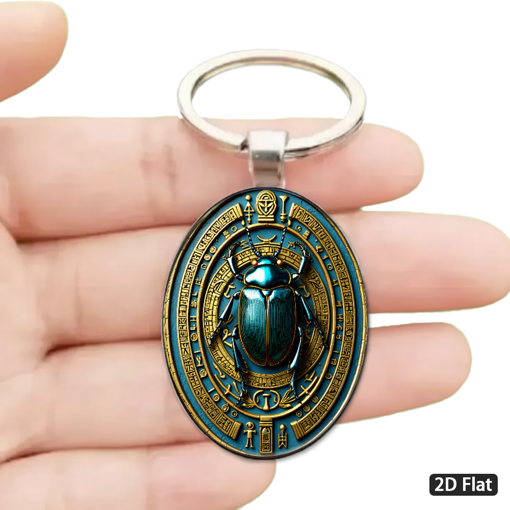 TEMU 2D Plat - 1pc 2D Plat, porte-clés sur le thème d'un égyptien antique, cadre doré et bleu avec décoration hiéroglyphique, convient aux clés de