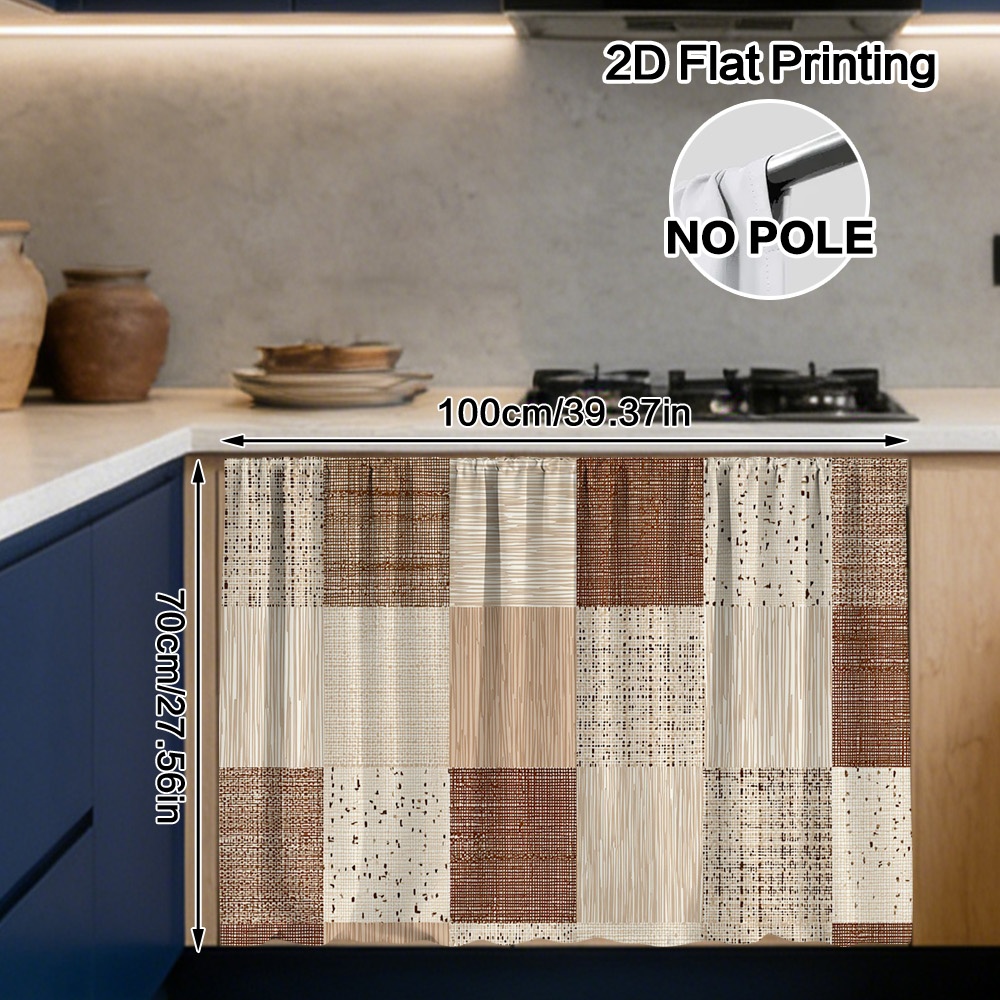 TEMU 2d Flat, 1pc Modern Semi-sheer Kitchen Cabinet Curtain Panel - Brown & Beige Grid Window Covering Suitable For Under Counter Decor, Rod Pocket