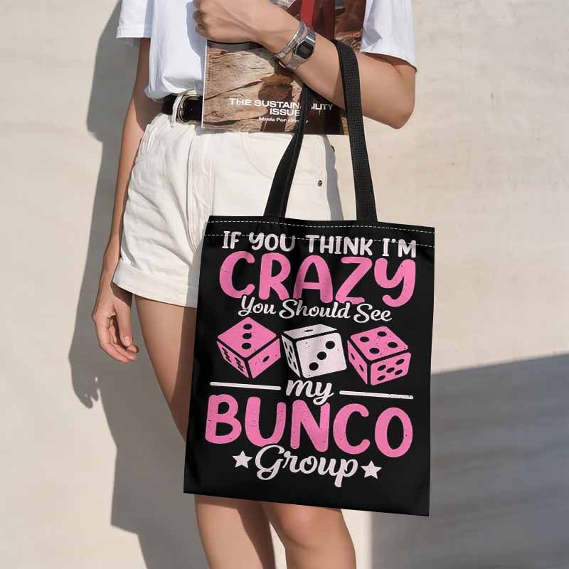 TEMU 1pc Double-sided Printing "crazy Bunco Game Group Shopping Bag", Large-capacity Reusable Shopping Bag, Suitable For Travel, Beach And Daily Use,